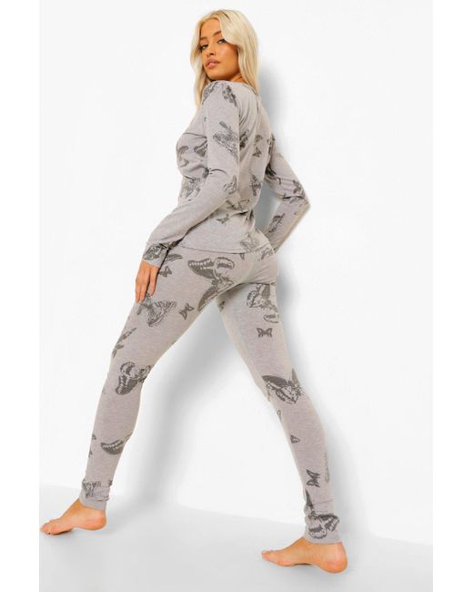 Boohoo Tall Butterfly Print Long Sleeve Pyjama Set In Grey Grey Lyst