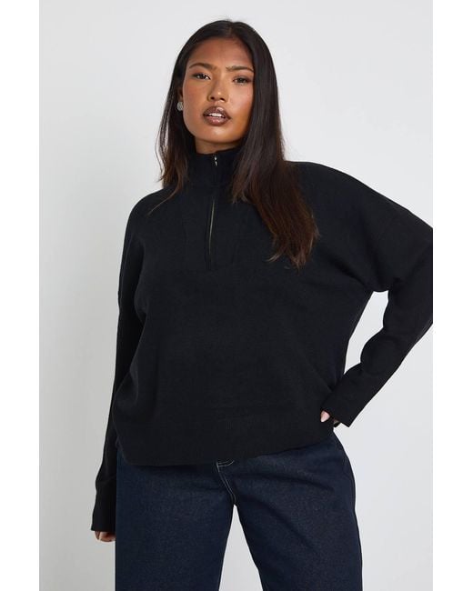 Boohoo Black Plus Half Zip Neck Collared Jumper