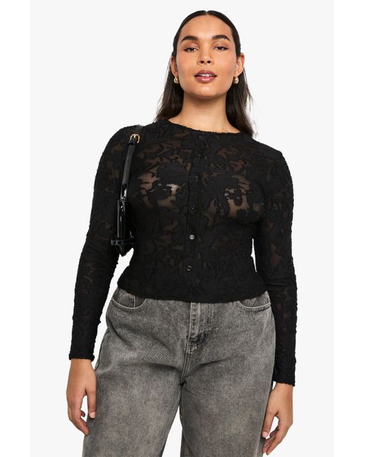 Boohoo Black Plus Burnout Button Front Top