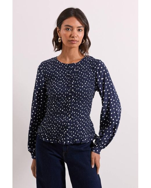 Dorothy Perkins Blue Spot Shirred Bodice Button Through Top