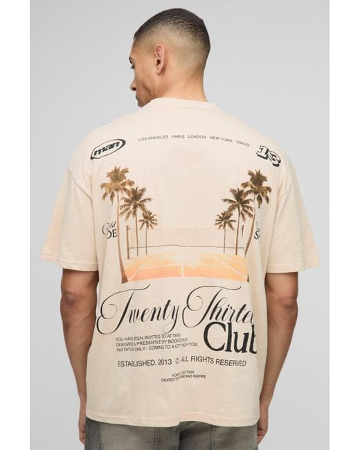 Camiseta Oversize Con Cuello Extendido Y Estampado De Palmeras Boohoo de color Natural