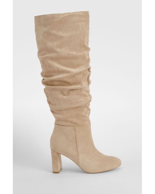 Boohoo Natural Wide Fit Faux Suede Ruched Detail Block Heel Boots