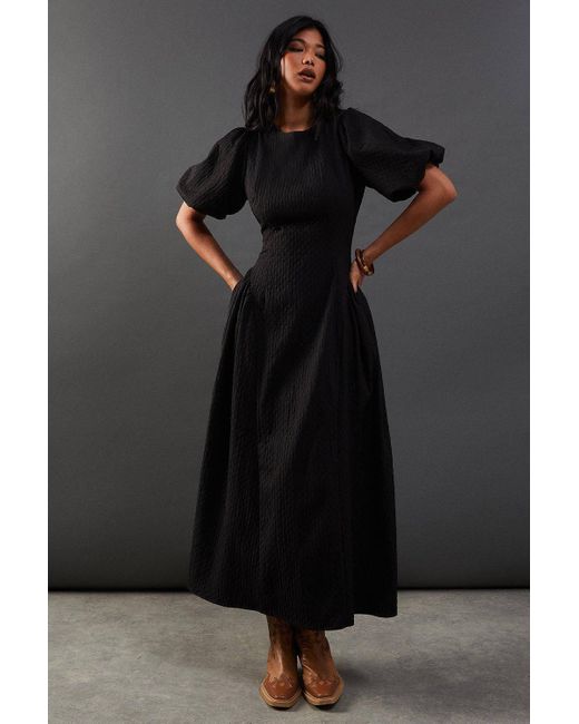Warehouse Black Seersucker Organza Godet Side Puff Sleeve Midi Dress