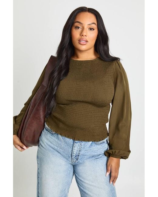 Boohoo Brown Plus Shirred Peplum Top