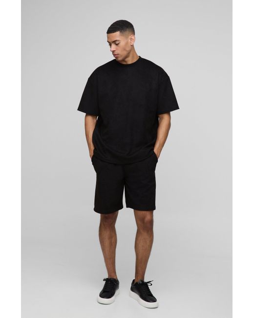 BoohooMAN Oversize T-Shirt und Shorts aus Wildlederimitat in Black für Herren