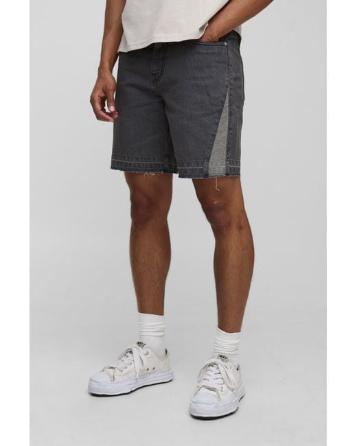 Straight Fit Washed Gusset Denim Shorts With Let Down Hem Boohoo de color Black