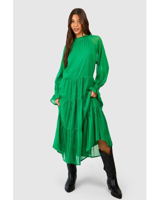 Boohoo Green Chiffon Tiered Midaxi Dress