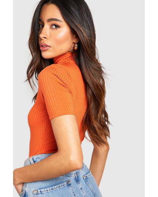 Boohoo Turtleneck Short Sleeve Ribbed One Piece in Orange | Lyst Canada