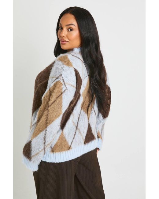 Boohoo White Plus Brushed Argyle Oversized Sweater
