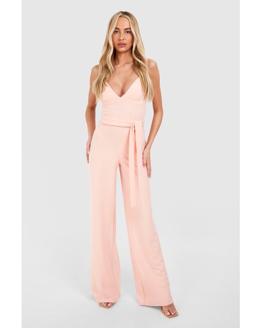Boohoo Pink Tall Corset Belted Wide Leg Jumpsuit