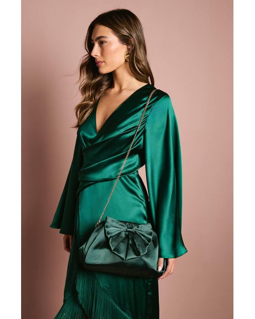 Coast Green Large Bow Satin Ruched Large Clutch Bag