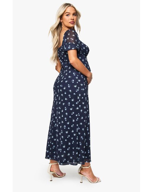 Boohoo Blue Maternity Ditsy Mesh Rouched Busy Midaxi Dress