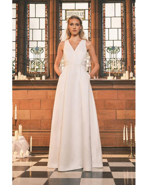 Coast Women's White Satin Plunge V Neck Maxi Wedding Dress With Back Bow  Detail