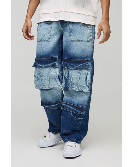 BoohooMAN Men's Blue Relaxed Rigid Multi Pocket Cargo Denim Jeans
