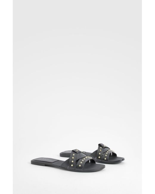 Boohoo Black Studded Woven Leather Mule Sandals