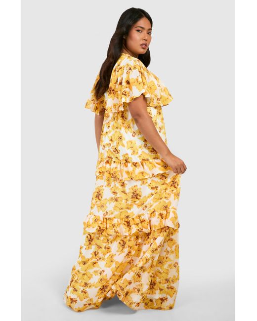 Boohoo Metallic Plus Floral Print Angel Sleeve Maxi Dress