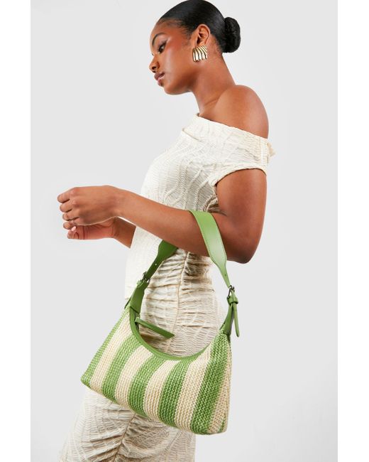 Boohoo Green Stripe Raffia Shoulder Bag