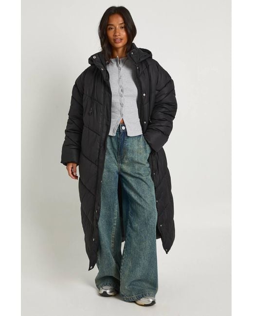 Boohoo Blue Petite Hooded Quilt Detail Maxi Puffer