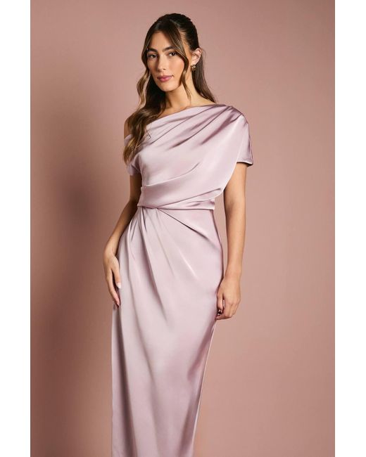 Coast Pink Satin Ruched Detail Off The Shoulder Maxi Bridesmaid Dress
