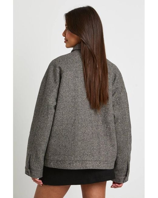 Boohoo Gray Herringbone Wool Blend Zip Front Jacket