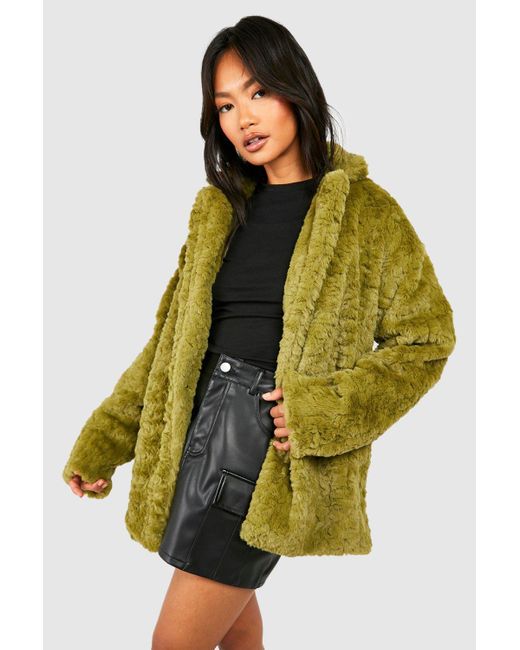 Boohoo Green Textured Faux Fur Longline Coat