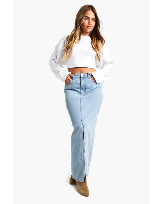 Boohoo Blue Petite Light Wash Split Front Denim Midaxi Skirt