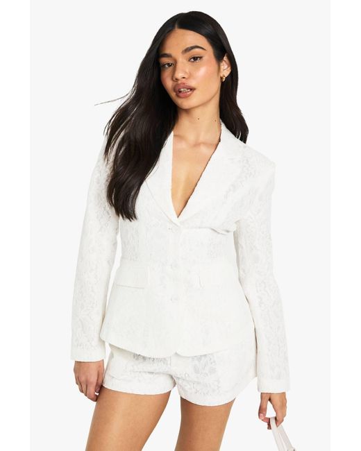Boohoo White Occasion Lace Single Breasted Blazer