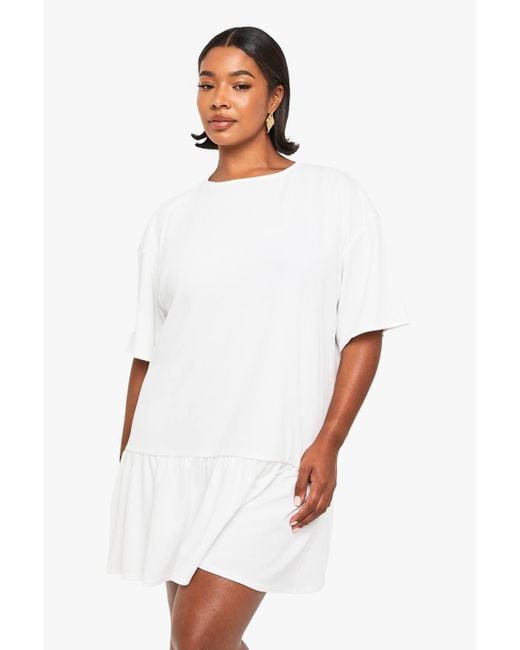 Boohoo Women's White Plus Rib Drop Hem Smock Dress