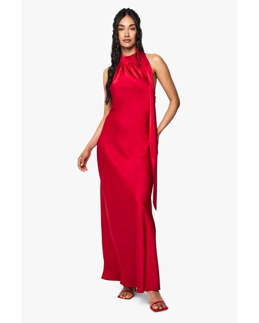 boohoo silk dress Red Satin Twist Strap Detail Maxi Dress