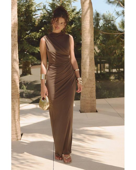 Boohoo Brown Slinky Trim Detail Ruched Maxi Dress