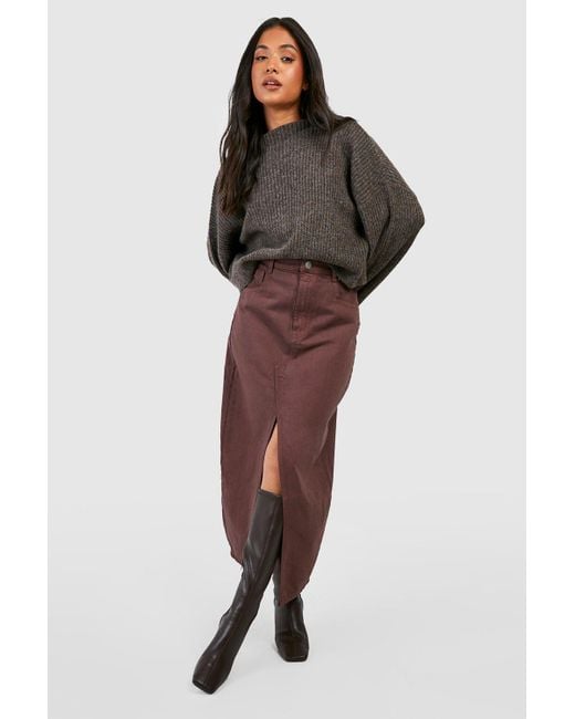 Boohoo Brown Petite Split Front Denim Maxi Skirt