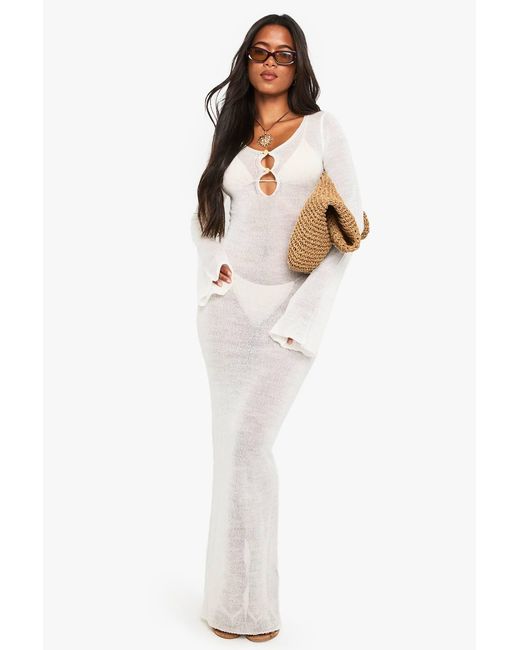 Boohoo Beach Sheer Knit Button Detail Maxi Dress in White