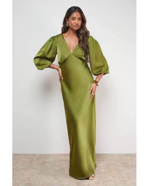 Oasis Green Satin V Neck Balloon Sleeve Bias Midi Dress