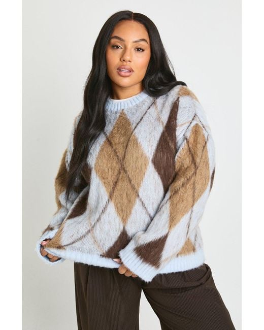 Plus Brushed Argyle Oversized Jumper Boohoo de color White