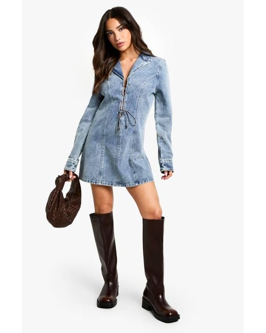 Boohoo Women's Blue Petite Lace Up Mini Shift Dress