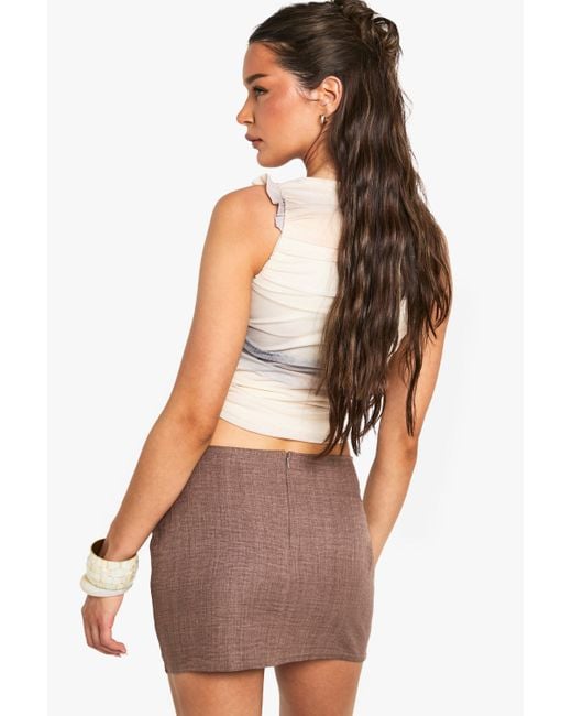 Boohoo Multicolor Mesh Marble Print Ruched Frill Shoulder Crop Top