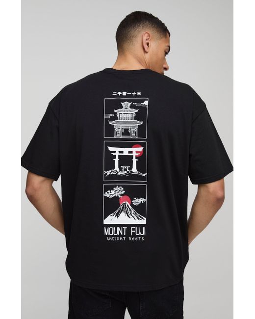 BoohooMAN Oversize T-Shirt mit Mount Fuji Graffiti-Print in Black für Herren