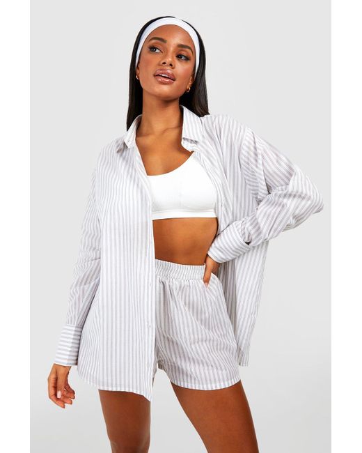 Boohoo Cotton Stripe Oversized Pyjama Shirt in White | Lyst