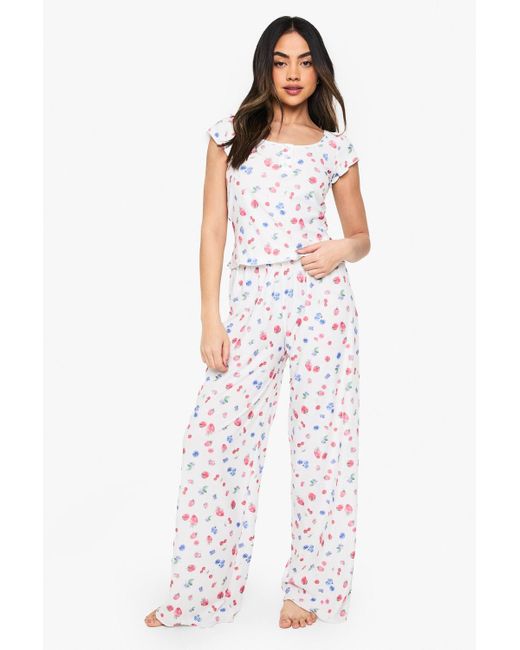 Boohoo White Fruit Print Button Detail Short Sleeve Top & Pants Pyjama Set