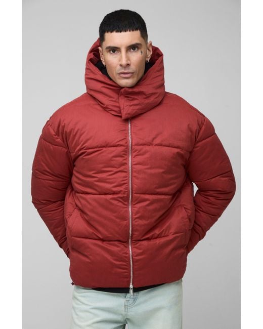 BoohooMAN Red Tall Oversized Funnel Neck Hooded Puffer Jacket for men