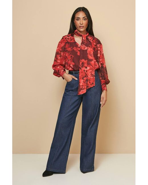 Wallis Red Petite Floral Print Tie Neck Blouse