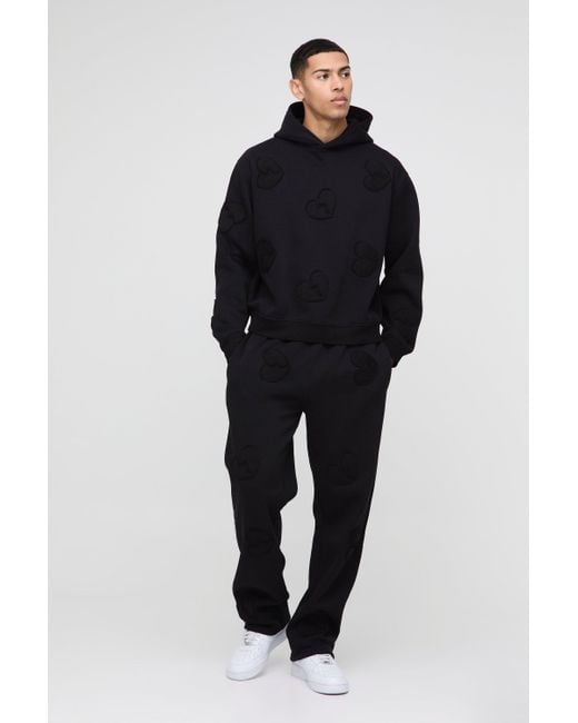 BoohooMAN Black Oversized Boxy All Over Heart Applique Tracksuit for men