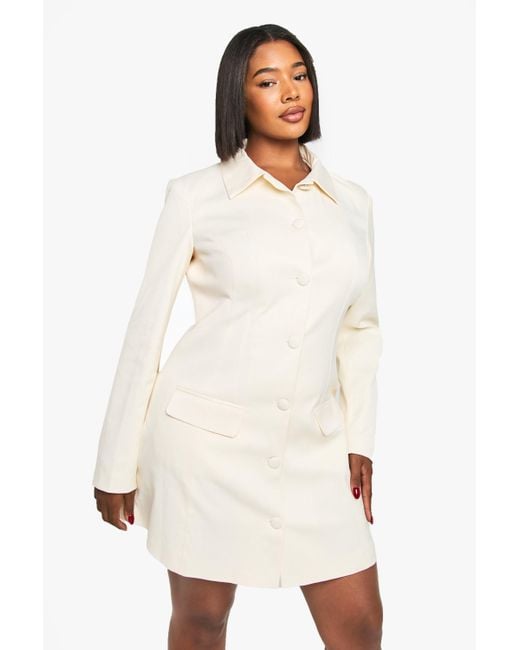 Plus Button Down Collared Tailored Dress Boohoo de color White