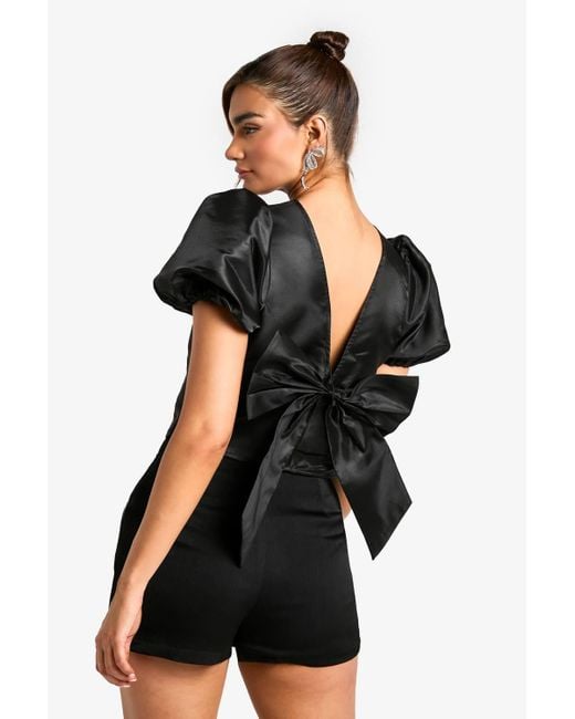 Boohoo Women's Black Taffeta Puff Sleeve Tie Back Top