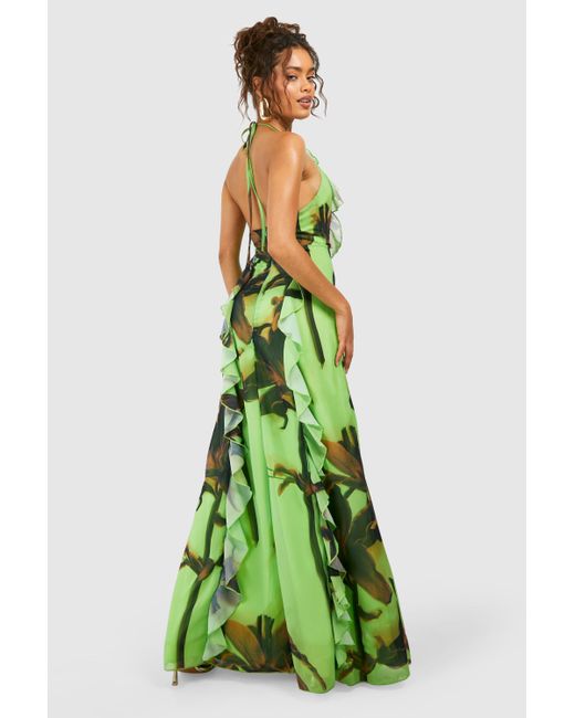 Boohoo Green Printed Chiffon Ruffle Maxi Dress
