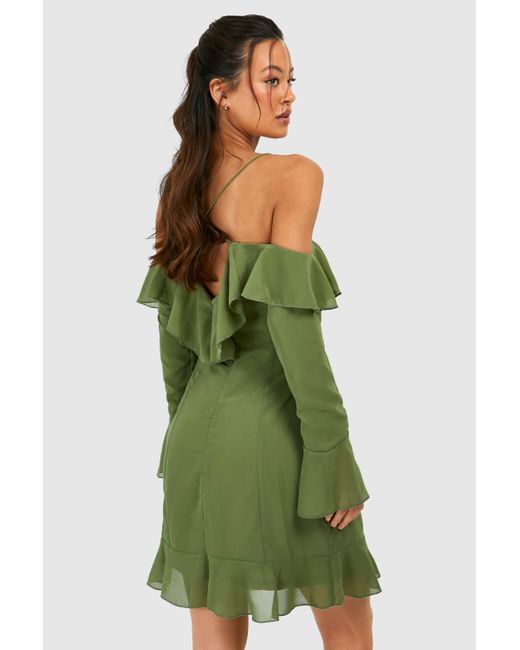 Boohoo Green Tall Chiffon Ruffle Off The Shoulder Mini Dress