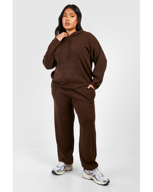 Boohoo Brown Plus Knitted Hoodie Loungewear Set