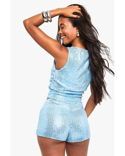 Boohoo Blue Sequin Mini Booty Short