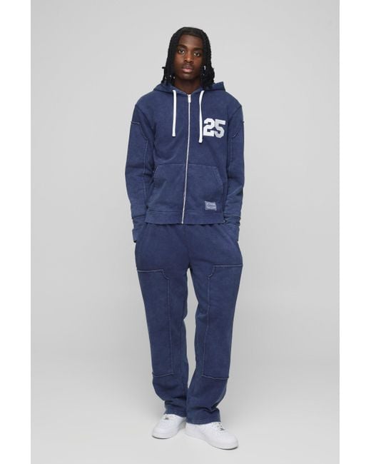 BoohooMAN Blue Regular Fit Washed Tear Away Carpenter Zip Hooded Tracksuit for men