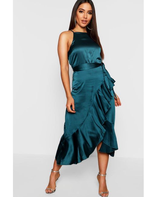 Boohoo Satin Frill Wrap Midi Dress in Green | Lyst